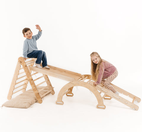 5-in-1 Montessori Climbing Frame Set: Climbing Triangle with Slide, Climbing Arch, Climbing Net, and Cushion, for Children 1-7 Years – Beige