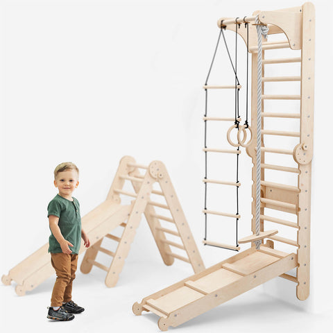 6-in-1 indoor climbing wall: wall bars, gymnastic rings, hanging ladder, disc swing, slide and pull-up bar for children