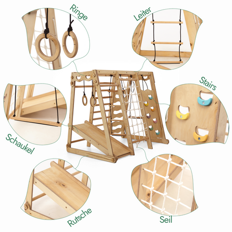 6-in-1 indoor wooden playground for children – swing, slide, rope and stairs