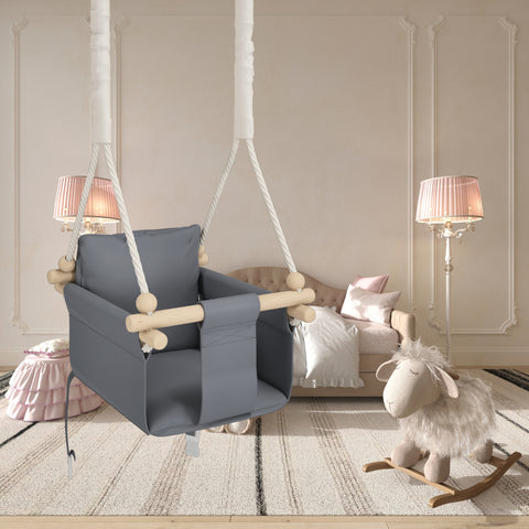 MAMOI® Wooden baby swing seat for toddlers Grey, Indoor toddler swings chair from birth, Kids baby bouncer for garden, Child rocker swing set from 8 months-2