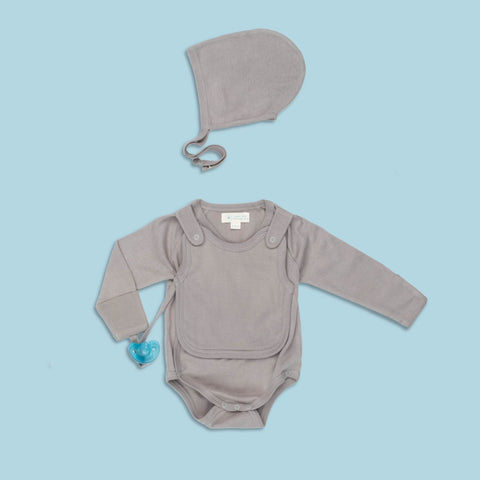 Eleganter Langarm-Kimono-Baby Bodysuit + Lätzchen - Grau