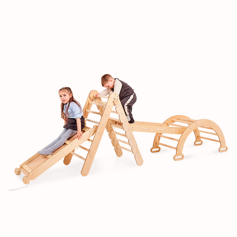 4-in-1 Montessori Climbing Frame Set: Climbing Triangle with Slide, Climbing Arch, and Climbing Net, for Children 1-7 Years – Beige