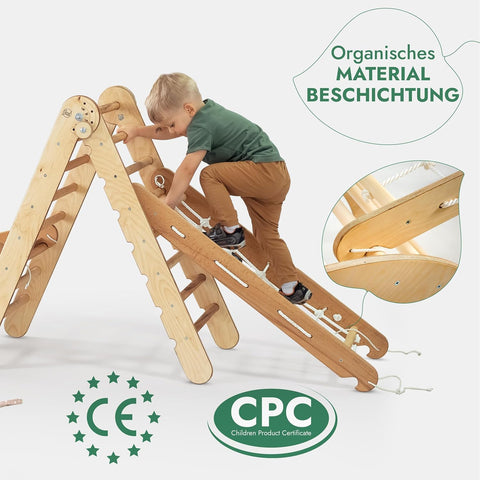 4-in-1 Montessori Climbing Frame Set: Climbing Triangle with Slide, Climbing Arch, and Climbing Net, for Children 1-7 Years – Beige