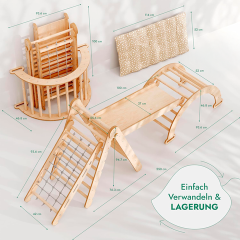 5-in-1 Montessori Climbing Frame Set: Climbing Triangle with Slide, Climbing Arch, Climbing Net, and Cushion, for Children 1-7 Years – Beige