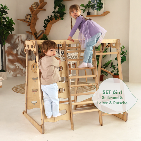 6-in-1 indoor wooden playground for children – swing, slide, rope and stairs