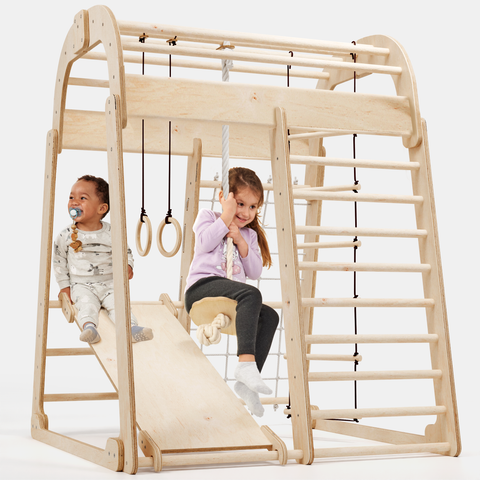 6-in-1 indoor playground for children: climbing frame with climbing net, slide, gymnastic rings, hanging ladder and disc swing – beige