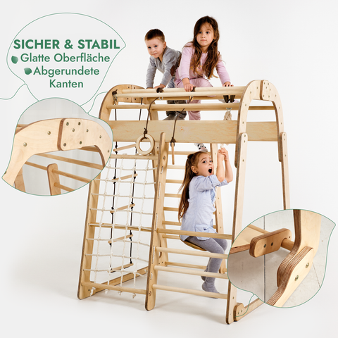 6-in-1 indoor playground for children: climbing frame with climbing net, slide, gymnastic rings, hanging ladder and disc swing – beige
