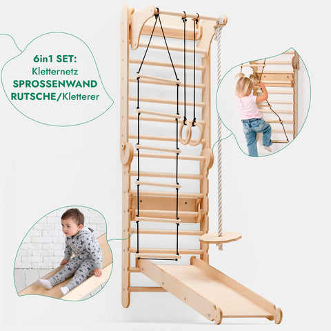 6-in-1 indoor climbing wall: wall bars, gymnastic rings, hanging ladder, disc swing, slide and pull-up bar for children