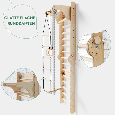 6-in-1 indoor climbing wall: wall bars, gymnastic rings, hanging ladder, disc swing, slide and pull-up bar for children