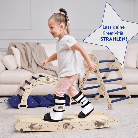 Apollo 4-in-1 climbing set: Pikler triangle, climbing arch, slide board and pillow for little toddler astronauts