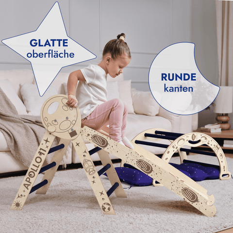 Apollo 4-in-1 climbing set: Pikler triangle, climbing arch, slide board and pillow for little toddler astronauts
