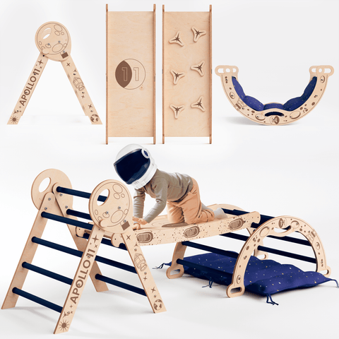 Apollo 4-in-1 climbing set: Pikler triangle, climbing arch, slide board and pillow for little toddler astronauts