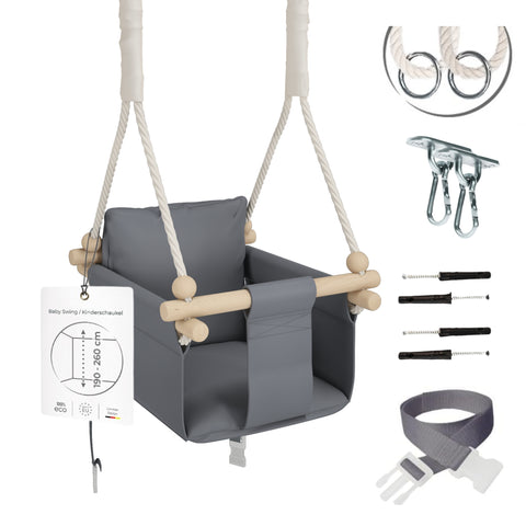 MAMOI® Wooden baby swing seat for toddlers Grey, Indoor toddler swings chair from birth, Kids baby bouncer for garden, Child rocker swing set from 8 months-0