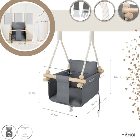 MAMOI® Wooden baby swing seat for toddlers Grey, Indoor toddler swings chair from birth, Kids baby bouncer for garden, Child rocker swing set from 8 months-1
