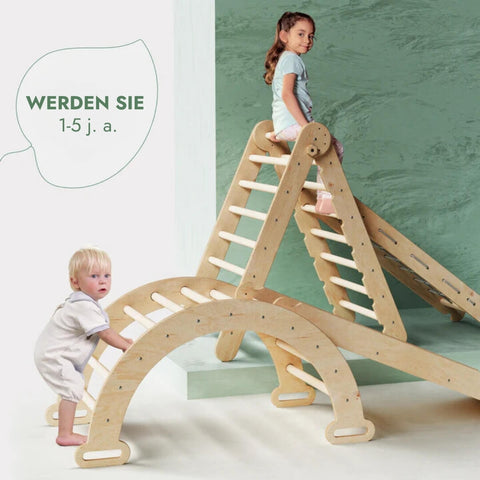 4-in-1 Montessori Climbing Frame Set: Climbing Triangle with Slide, Climbing Arch, and Climbing Net, for Children 1-7 Years – Beige