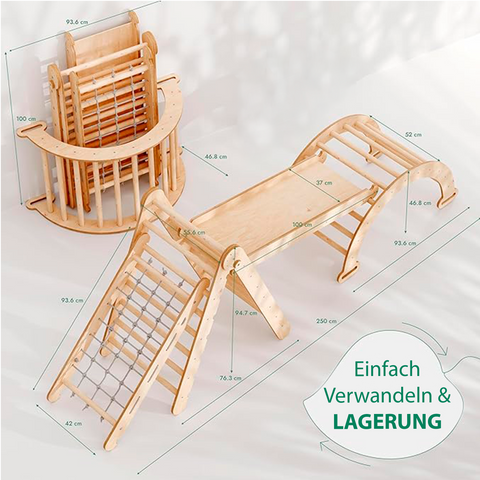 4-in-1 Montessori Climbing Frame Set: Climbing Triangle with Slide, Climbing Arch, and Climbing Net, for Children 1-7 Years – Beige