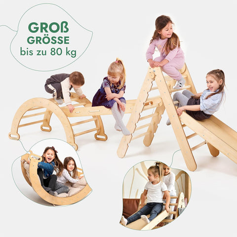 5-in-1 Montessori Climbing Frame Set: Climbing Triangle with Slide, Climbing Arch, Climbing Net, and Cushion, for Children 1-7 Years – Beige