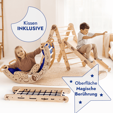 Apollo 5-in-1 climbing set: Pikler triangle, climbing arch, slide, cushion and net for little astronauts