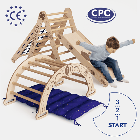 Apollo 5-in-1 climbing set: Pikler triangle, climbing arch, slide, cushion and net for little astronauts