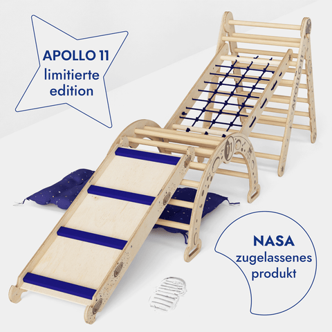 Apollo 5-in-1 climbing set: Pikler triangle, climbing arch, slide, cushion and net for little astronauts