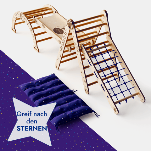 Apollo 5-in-1 climbing set: Pikler triangle, climbing arch, slide, cushion and net for little astronauts