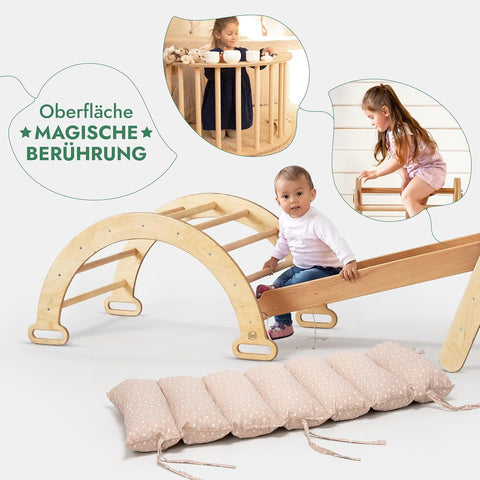 5-in-1 Montessori Climbing Frame Set: Climbing Triangle with Slide, Climbing Arch, Climbing Net, and Cushion, for Children 1-7 Years – Beige