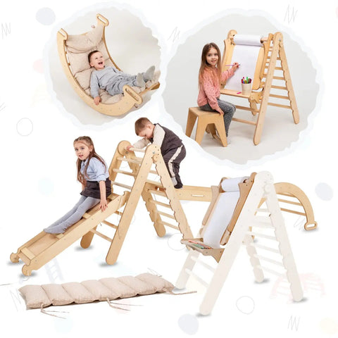 7-in-1 Montessori Climbing Frame Set: Climbing Triangle, Climbing Arch with Cushion, Slide, Climbing Net, Drawing Board, and Children's Chair, for Children 1-7 Years – Beige