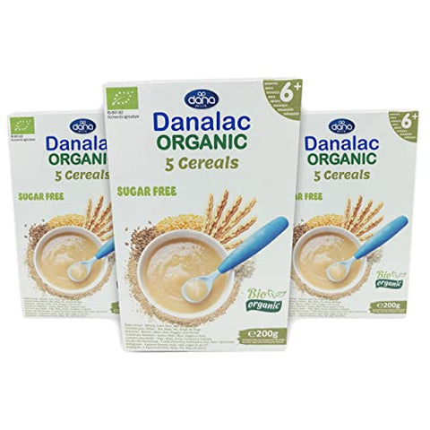 Danalac Organic Baby Cereal (Five Cereals) 200 Gram Porridge Sugar Free 6 Months Plus | Wheat, Corn, Rice, Rye, Barley (Pack of 3)-0
