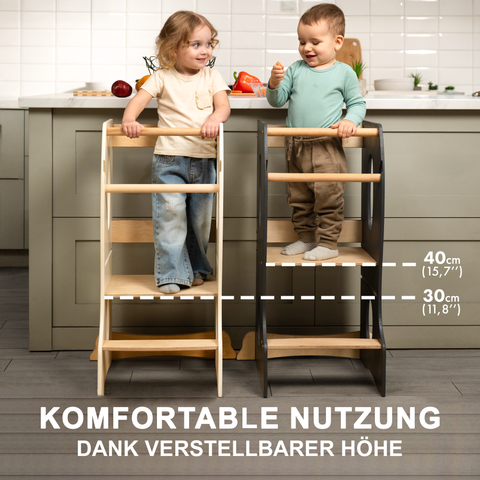 Montessori Lernturm aus Holz – sicher, stabil und mitwachsend für den Familienalltag.