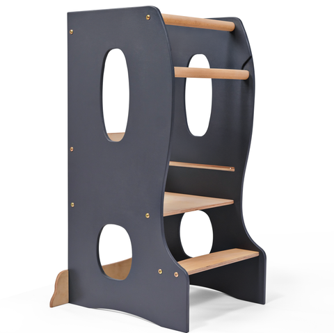 Montessori Lernturm in edlem Graphit – modernes Design aus massivem Holz, sicher und stilvoll für Küche und Kinderzimmer