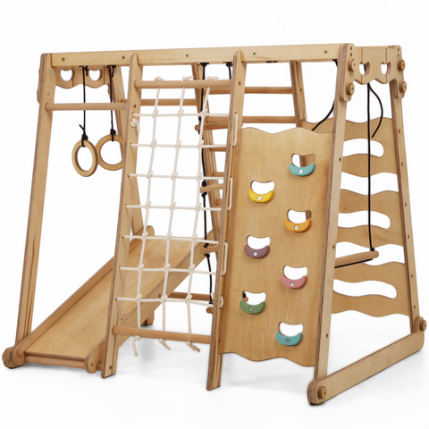 6-in-1 indoor wooden playground for children – swing, slide, rope and stairs