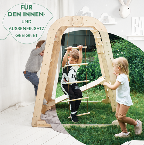 6-in-1 indoor playground for children: climbing frame with climbing net, slide, gymnastic rings, hanging ladder and disc swing – beige