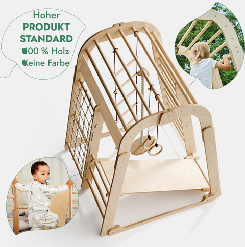 6-in-1 indoor playground for children: climbing frame with climbing net, slide, gymnastic rings, hanging ladder and disc swing – beige