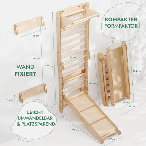 6-in-1 indoor climbing wall: wall bars, gymnastic rings, hanging ladder, disc swing, slide and pull-up bar for children