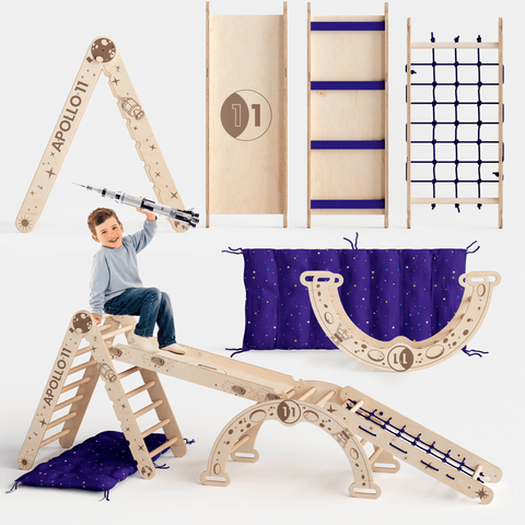 Apollo 5-in-1 climbing set: Pikler triangle, climbing arch, slide, cushion and net for little astronauts