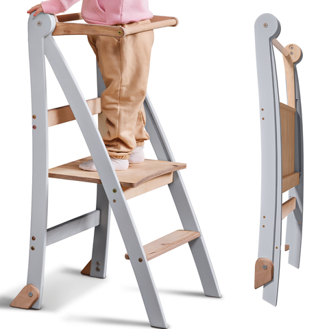 Holz Lernleiter Montessori: Hocker für Kinder - Grau-0