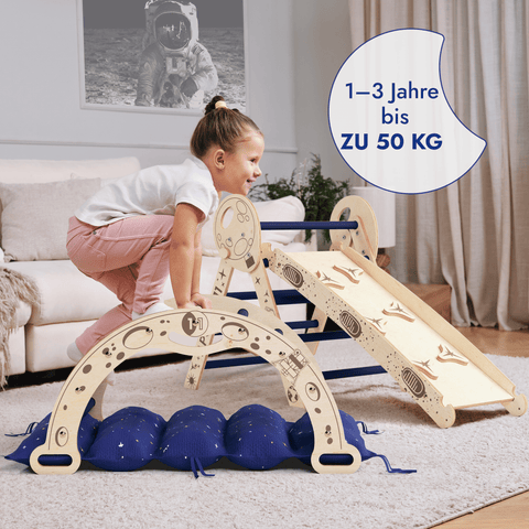 Apollo 4-in-1 climbing set: Pikler triangle, climbing arch, slide board and pillow for little toddler astronauts
