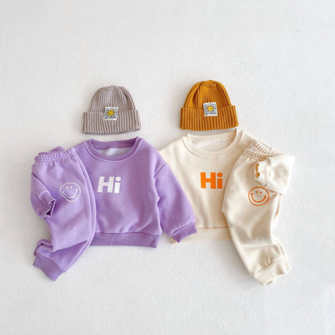 Baby-Set mit langärmeligem Kapuzenpullover - Smiley-Print und Hose Baumwolle