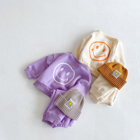 Baby-Set mit langärmeligem Kapuzenpullover - Smiley-Print und Hose Baumwolle
