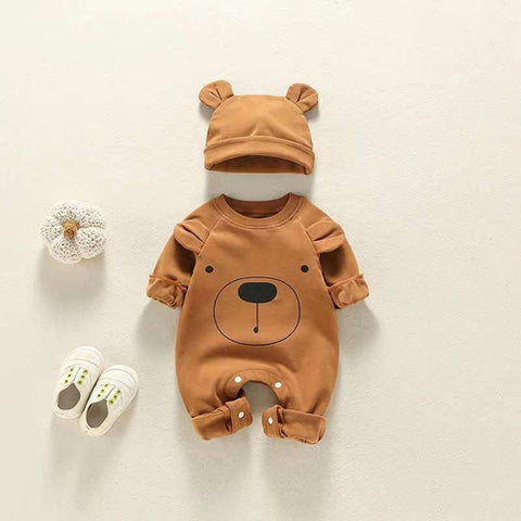 Baby Einfarbig Langarm Strampler mit Bären Design und Mütze