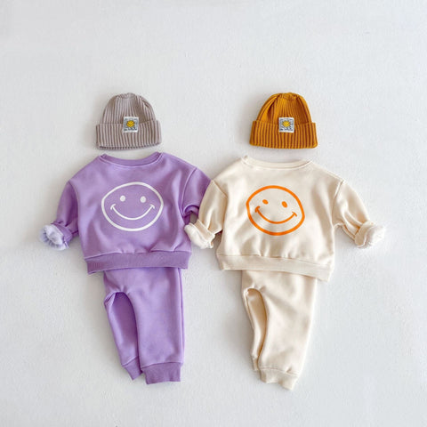 Baby-Set mit langärmeligem Kapuzenpullover - Smiley-Print und Hose Baumwolle