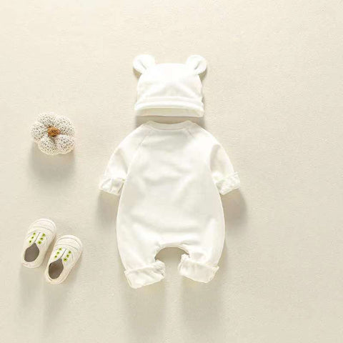 Baby Einfarbig Langarm Strampler mit Bären Design und Mütze