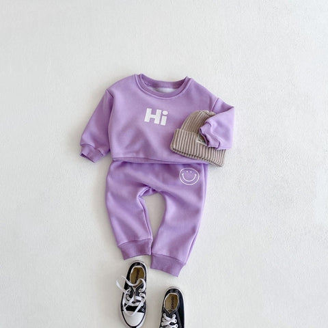 Baby-Set mit langärmeligem Kapuzenpullover - Smiley-Print und Hose Baumwolle
