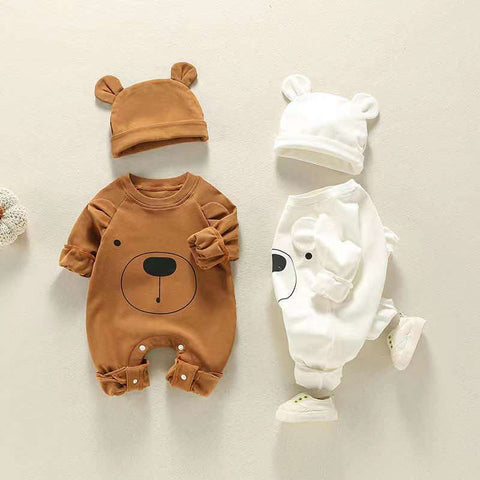 Baby Einfarbig Langarm Strampler mit Bären Design und Mütze
