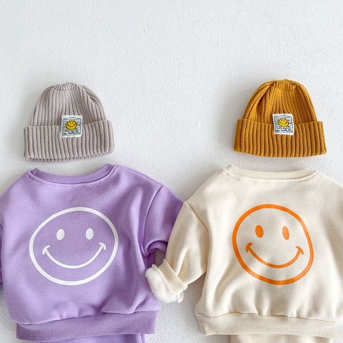 Baby-Set mit langärmeligem Kapuzenpullover - Smiley-Print und Hose Baumwolle